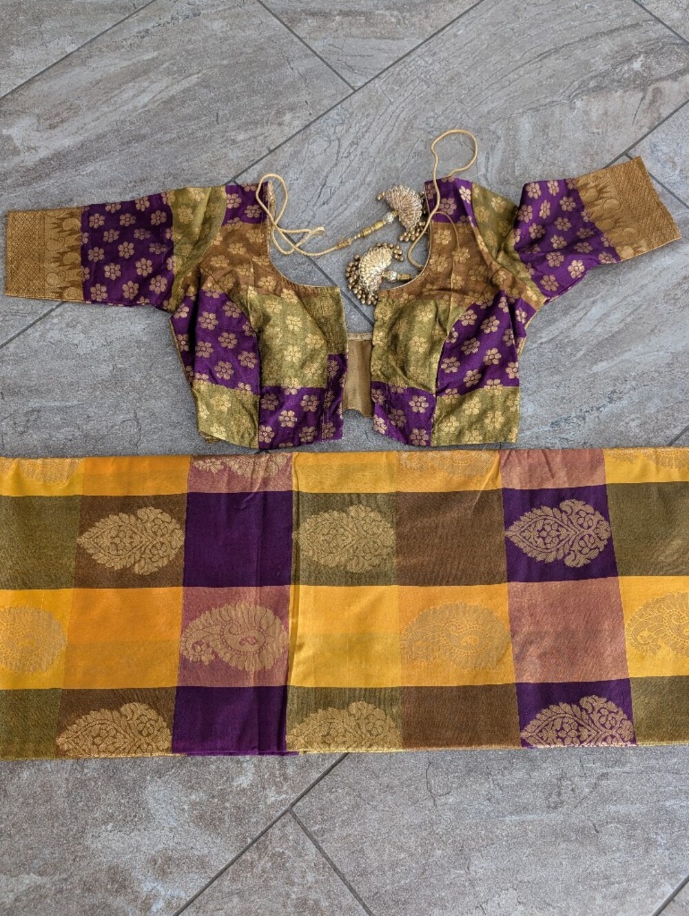 Purple and Gold Silk Saree With Blouse - Traditional Patchwork Design